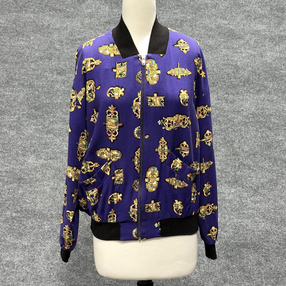 Vintage MS Chaus Jacket Womens 6 Purple Baroque Print Rayon Zip Bomber 90s
